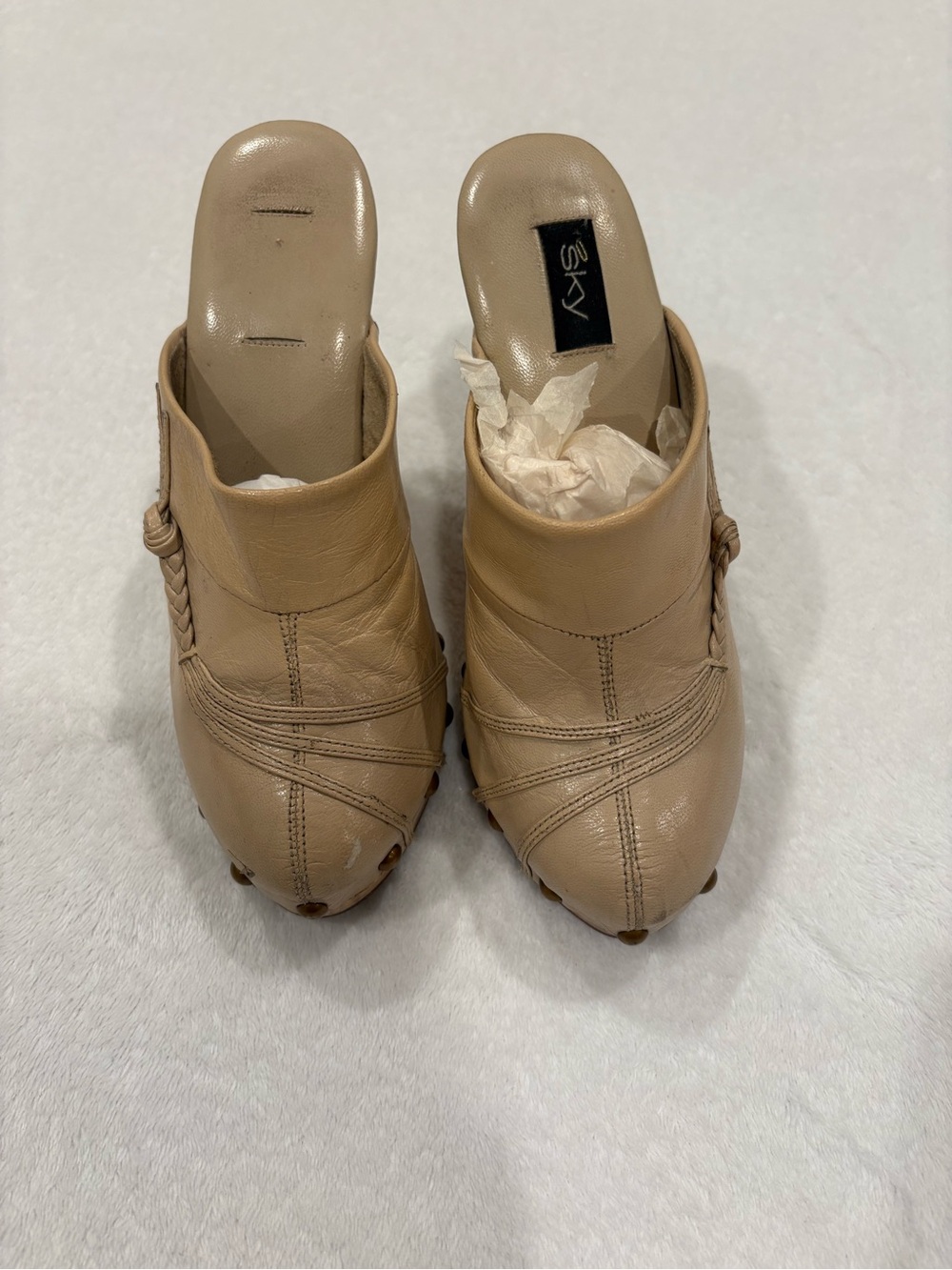 Sky Beige Leather Studded Clog Heels - Picture 2 of 4